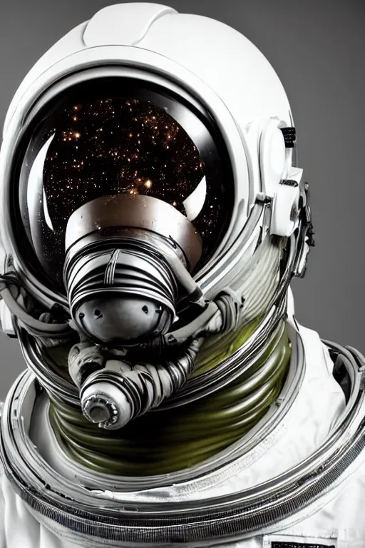 Image similar to extremely detailed studio portrait of space astronaut, alien tentacle protruding from eyes and mouth, slimy tentacle breaking through helmet visor, shattered visor, full body, soft light, disturbing, shocking realization, award winning photo by manny librodo