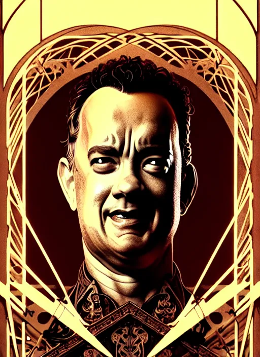 Image similar to portrait of tom hanks, volumetric lights, feast, music notes, art nouveau botanicals, gothic, intricate, highly detailed, digital painting, artstation, concept art, smooth, sharp focus, symmetric face, illustration, steampunk, art by artgerm and greg rutkowski and alphonse mucha