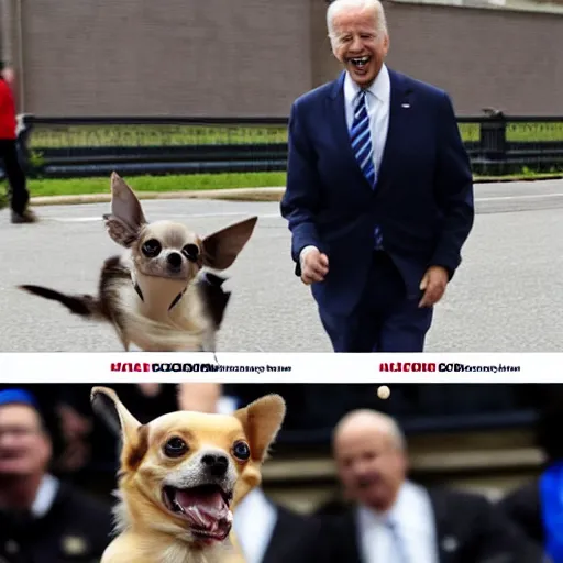 Image similar to chihuahua chasing joe biden, joe biden running and scared for his life, dramatic scene