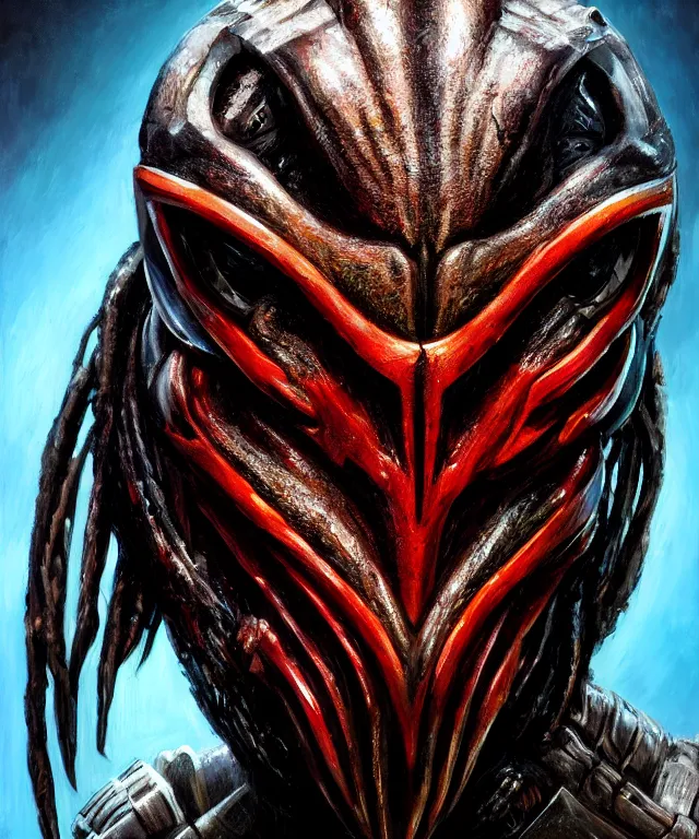 Image similar to a bust shot of the predator by chris ayers, oil on canvas, deep depth field, masterpiece, by ken barthelmey and stan winston, trending on artstation, featured on pixiv, cinematic composition, hyper - detailed, hd, hdr, 4 k, 8 k