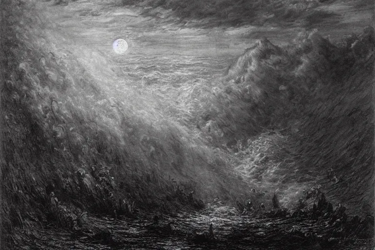 Image similar to a mad god is tearing up the world by gustave dore by claude monet