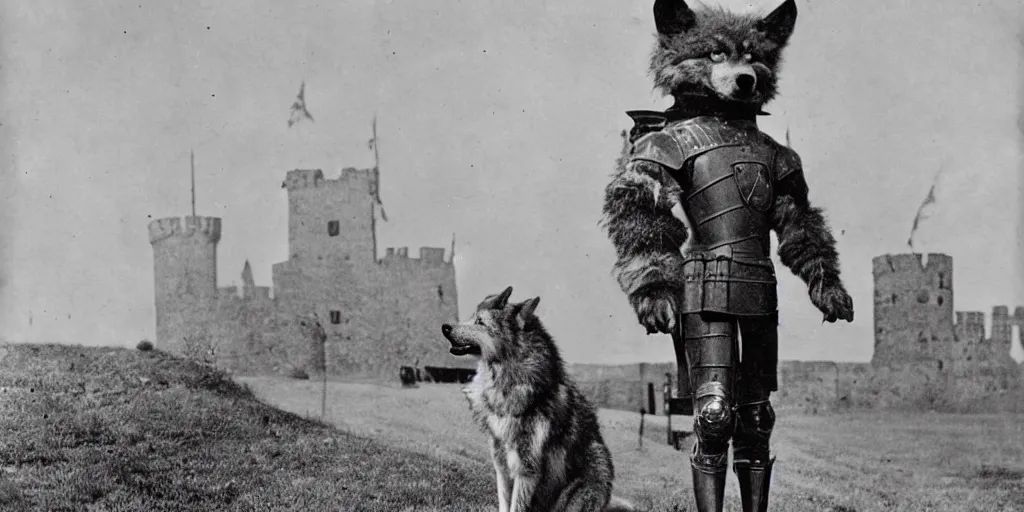 Image similar to anthropomorphic furry wolf in armor standing tall in front of a castle, 1900s picture