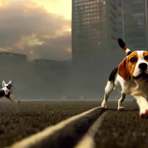 Image similar to gigantic 1 0 0 metres beagle attacking a city, epic cinematic, 4 k, very high detail, epic scale