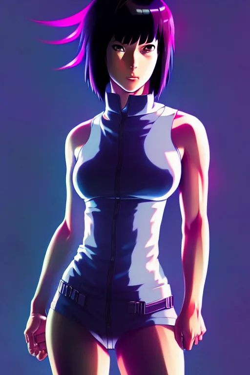 Image similar to a fullbody portrait of motoko kusanagi the major ghost in the shell : : stand alone complex, under repairs, maintenance : : by ilya kuvshinov, rossdraws, artgerm, sola digital arts, anti aliasing, raytracing : :