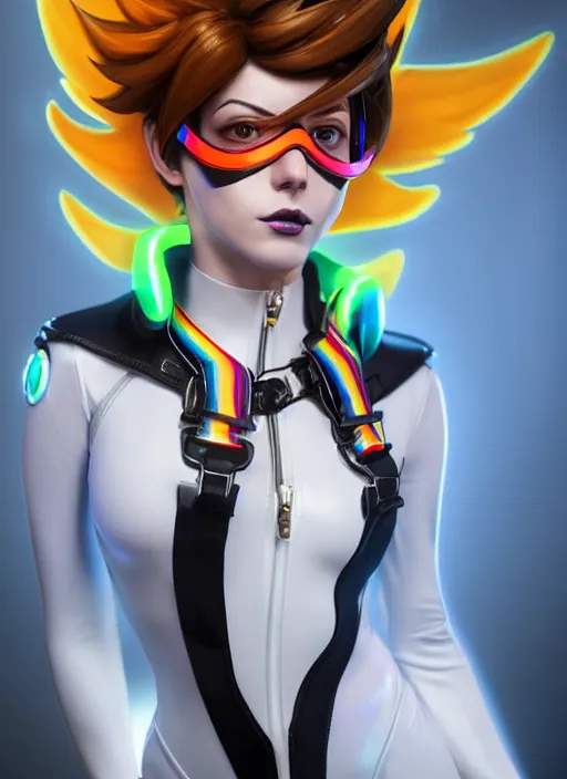 Image similar to portrait bust digital artwork of tracer overwatch, wearing white iridescent rainbow latex and leather straps catsuit outfit, 4 k, expressive happy smug expression, makeup, in style of mark arian, angel wings, wearing detailed black leather collar collar collar collar, chains, black leather harness, detailed face and eyes,