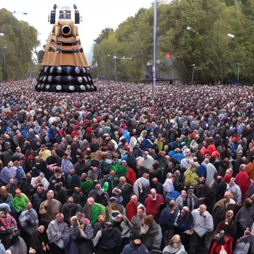 Image similar to huge crowd praying a single big Dalek