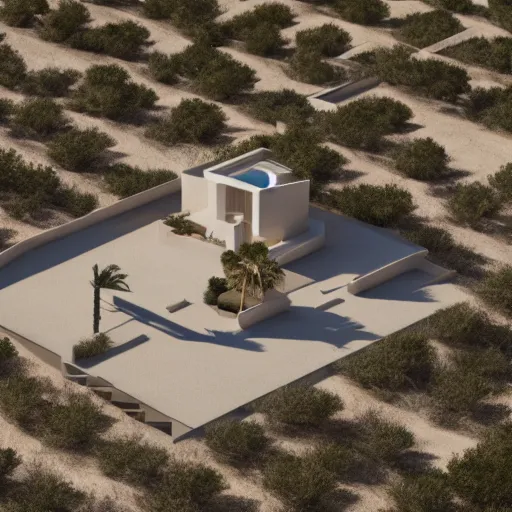 Prompt: brutalist villa in middle of a desert, aerial view, photorealistic render in octane