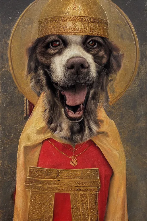 Image similar to Slavic dog head man, Orthodox Saint Christopher, oil painting, hyperrealism, beautiful, high resolution, trending on artstation, with an axe,