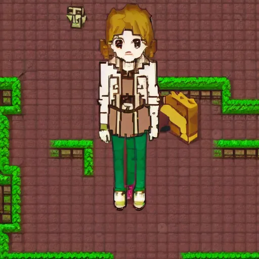 Image similar to isometric, pixel art, octopath traveler style, a girl, brown jacket with long sleeves, brown hair, hair down, pigtails hair, green eyes, no background, volumetric lighting