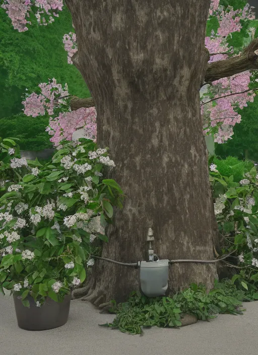 Image similar to Location : unusual castle grounds at the base of a tree Details to include : * gas mask * tram lines * flower pots unreal 5, DAZ, hyperrealistic, octane render, dynamic lighting