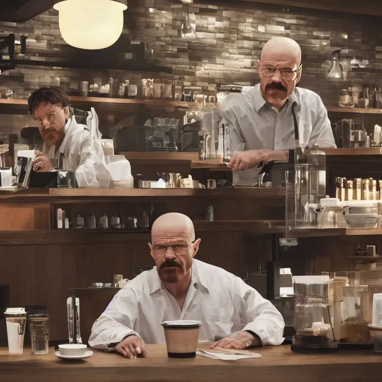 Prompt: Walter white in Starbucks, 8k, hyper-detailed, cinematic lighting, hyperrealistic, HD