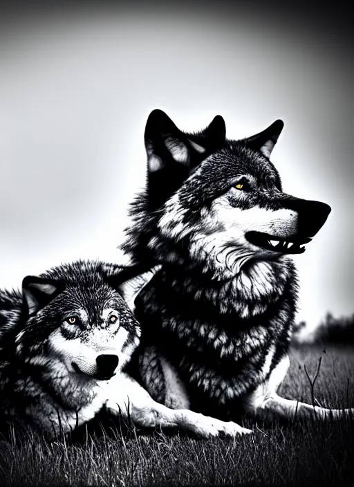 Image similar to two wolves black and white portrait white sky in background