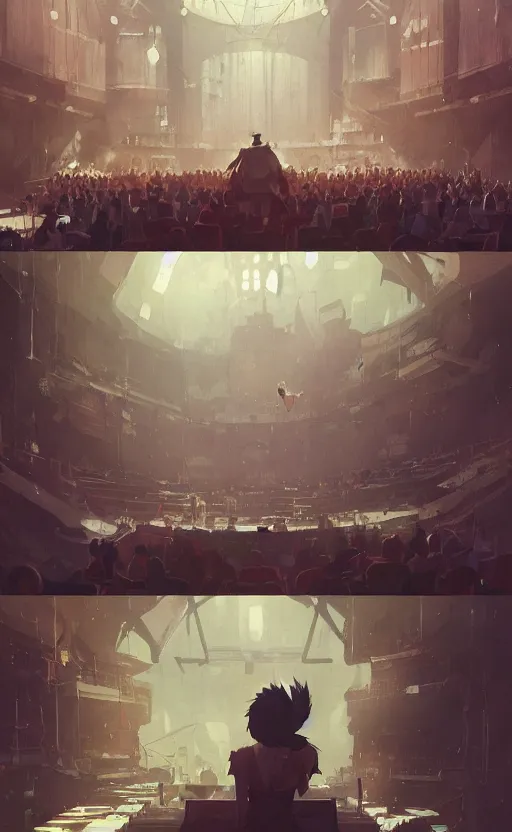 Prompt: Concert in an Auditorium by Makoto Shinkai, nier automata environment concept art ,Greg Rutkowski and Krenzcushart