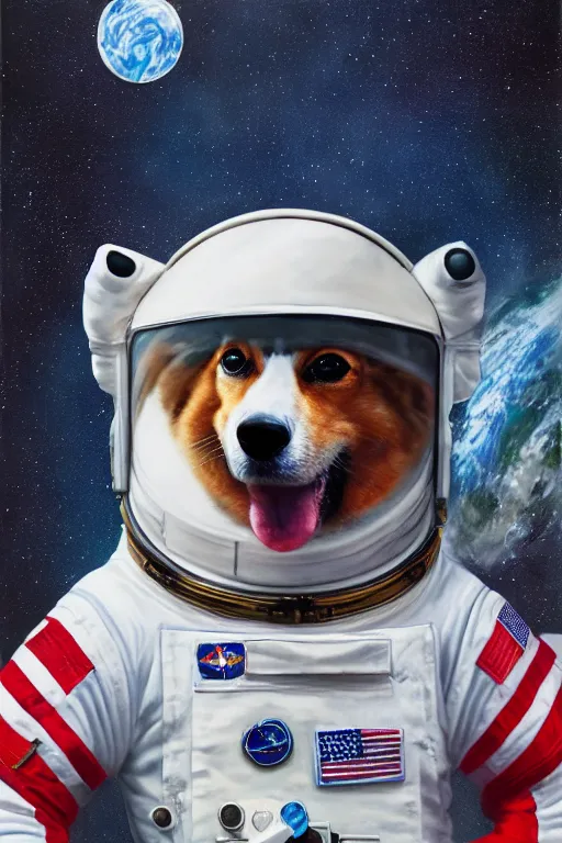 Image similar to corgi astronaut, oil on canvas, intricate, portrait, 8 k highly professionally detailed, hdr, cgsociety