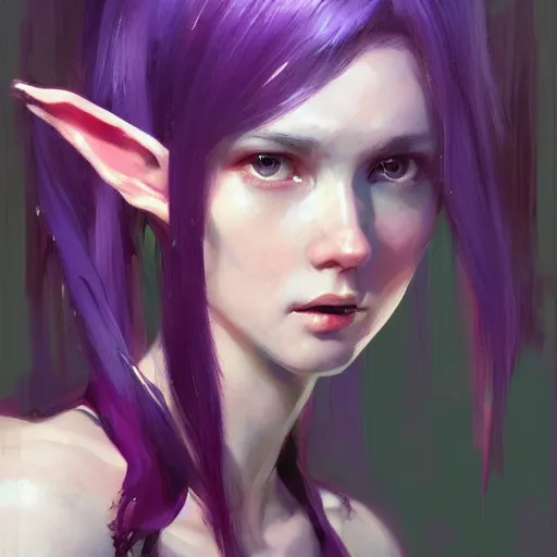 Prompt: beautiful elf girl, short purple hair, beautiful features, portrait, painting by alphonse muca, greg ruthowski, craig mullins, ruan jia, wlop, very beautiful and detailed, artstation, high quality