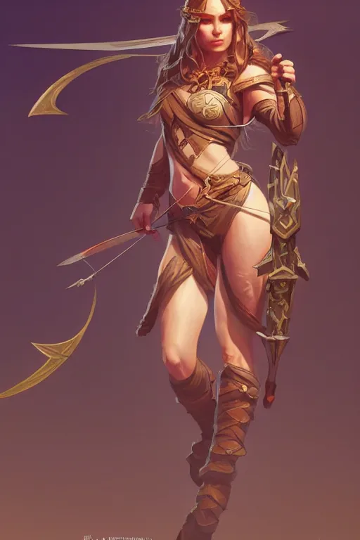 Image similar to beautiful female archer, full body shot, long hair, d & d, fantasy, intricate, elegant, highly detailed, digital painting, artstation, concept art, matte, sharp focus, illustration, hearthstone, art by artgerm and greg rutkowski and alphonse mucha