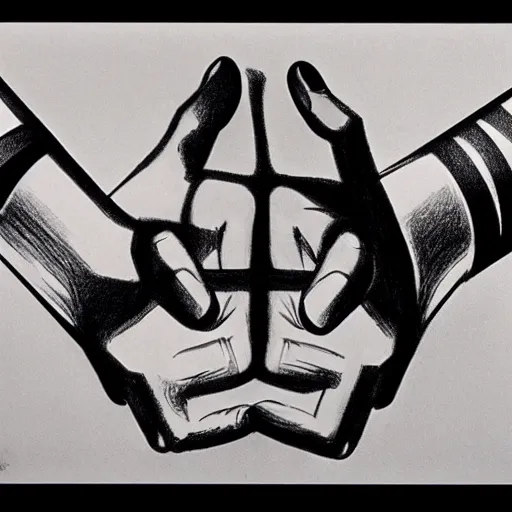 Image similar to Drawing Hands, 1948, lithograph by M.C. Escher. Unreal engine, futuristic 3D rendering