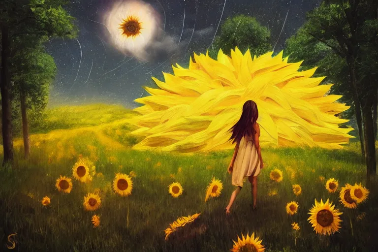 Image similar to giant sunflower as a head, girl walking between trees, hills, surreal photography, dark night, star trails, dramatic light, impressionist painting, clouds, digital painting, artstation, simon stalenhag