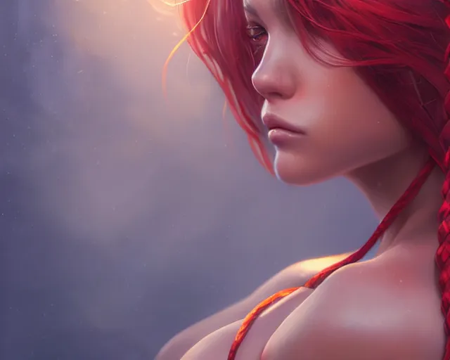 Prompt: beautiful portrait of Nami, bikini, red braided hair, by charlie bowater, ross tran, artgerm, and makoto shinkai, detailed, soft lighting, rendered in octane