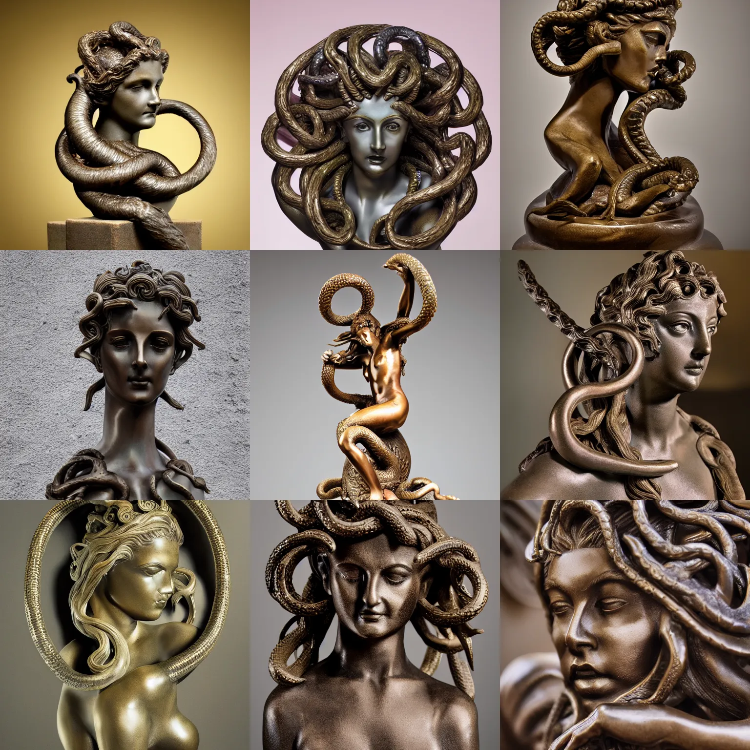 Prompt: bronze sculpture of medusa with ouroboros, intricate, professional photography, peaceful