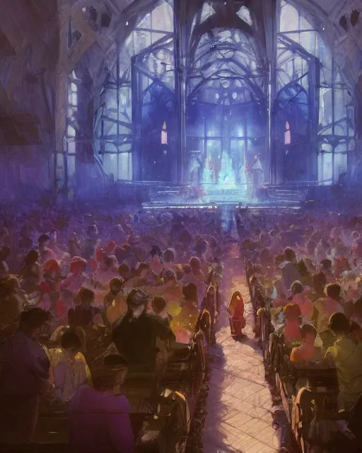 Image similar to craig mullins and ghibli digital illustration of a crowd in a futuristic church, priest, pews, ethereal, inviting, bright, unreal engine, hyper realism, realistic shading, cinematic composition, realistic render, octane render, detailed textures, photorealistic, wide shot