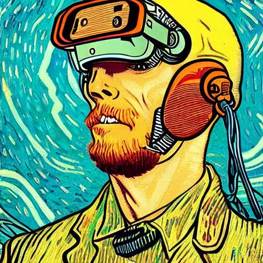 Image similar to Illustrated by Shepard Fairey and Moebius | Cyberpunk Van Gogh with VR helmet, surrounded by cables | Photo