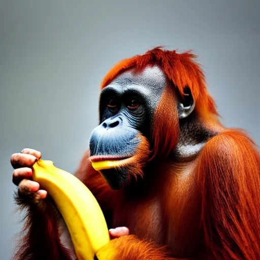 Image similar to pixel art of an orangutan eating a banana 4 k, high resolution, still, landscape, hd, dslr, hyper realistic