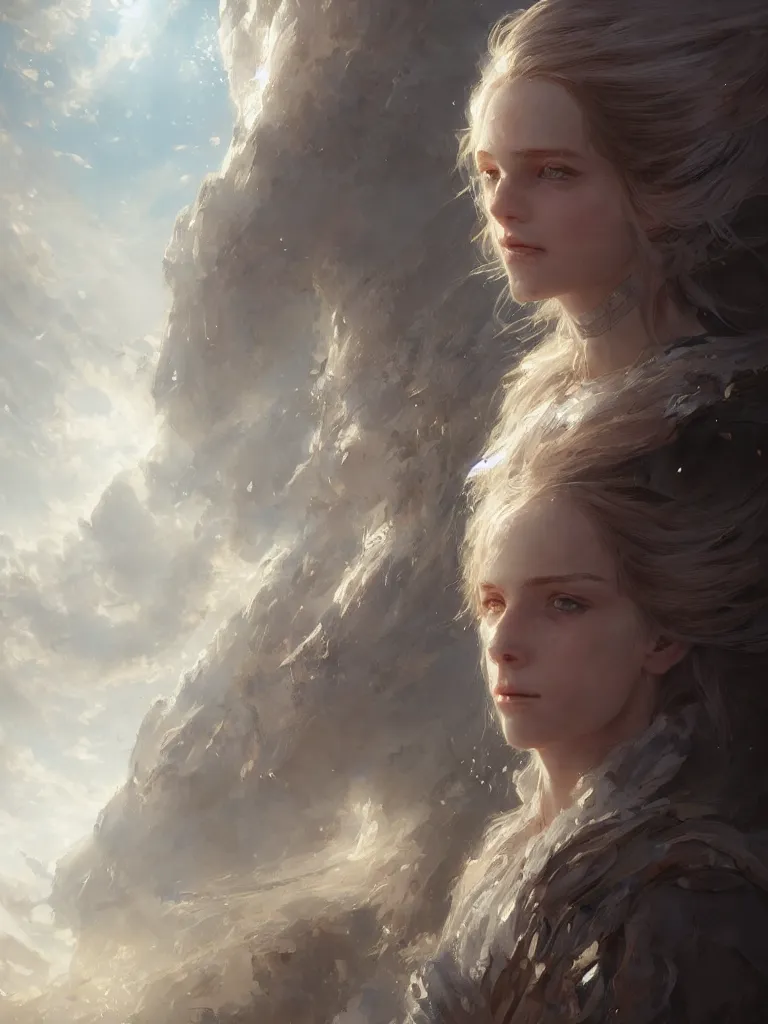 Image similar to a portrait of a beautiful hopeful lady with pretty eyes, beautiful eyes, highly detailed eyes, looking up onto the sky, light smiling, art of wlop and greg rutkowski, intricate, high details, epic fantasy art, bright light masterpiece, ray of light through white hair