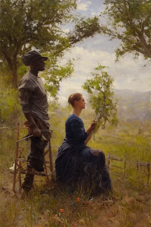 Image similar to Solomon Joseph Solomon and Richard Schmid and Jeremy Lipking painting full length portrait painting of a young woman working in the field