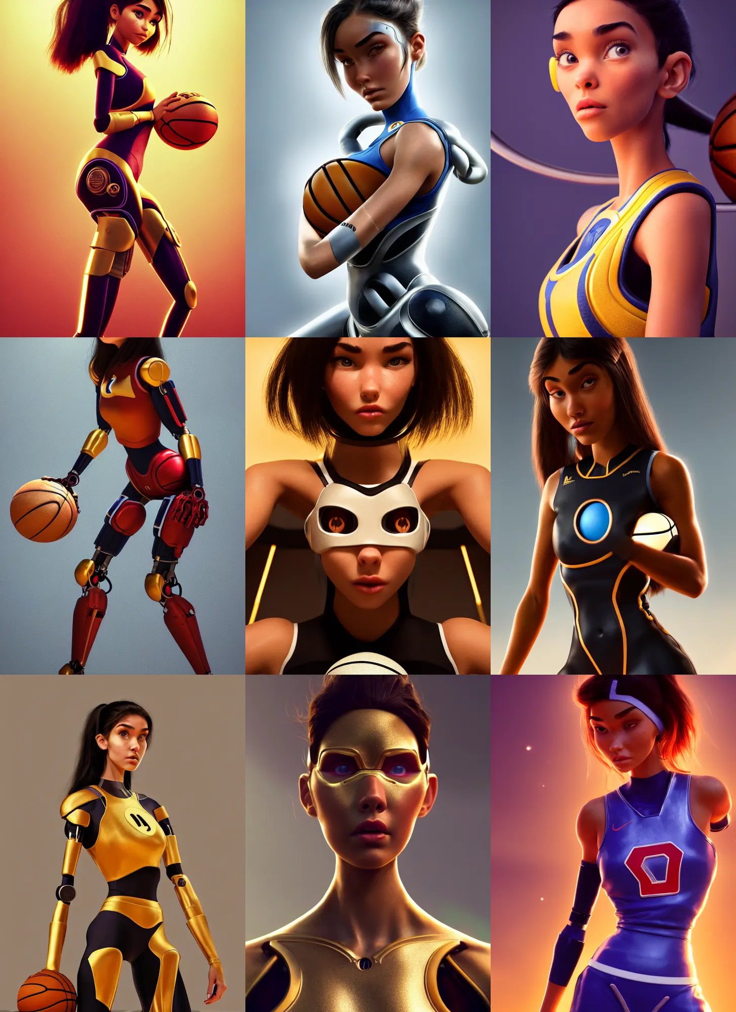 Prompt: pixar woman madison beer as basketball cyborg | jewelry | glamorous oily soft polished rich alluring racy ornate modern | weta disney movie still photo | hi - fructose, sci fi fantasy, golden ratio, smooth, octane render, sharp focus, artstation, concept art | rutkowski, artgerm, mucha, wlop, loish |