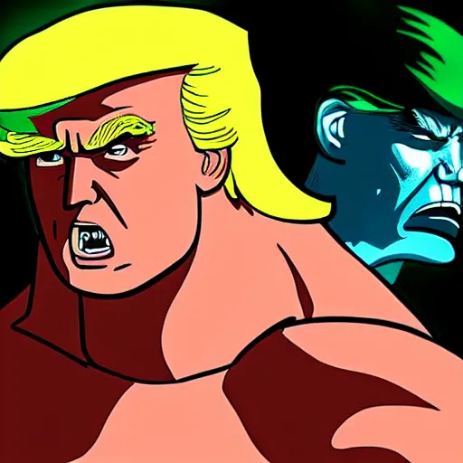 Prompt: Donald Trump as the incredible Hulk. Anime style. Detailed face. Dramatisch lights.