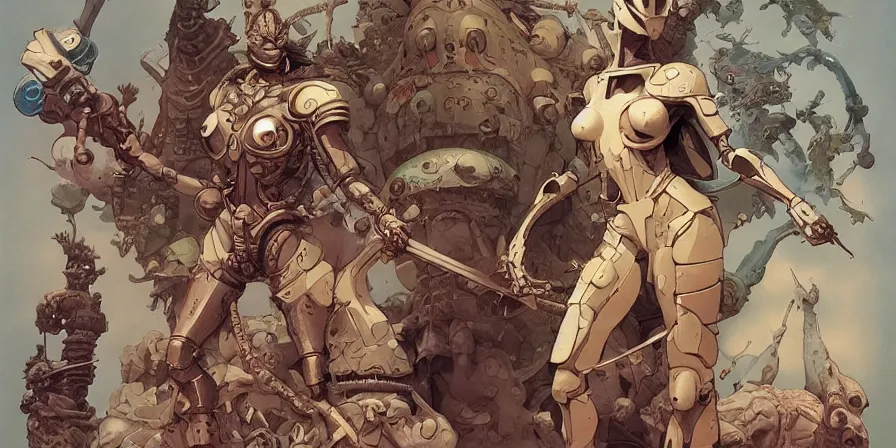 Prompt: body parts and futuristic armor by peter mohrbacher, by katsuya terada, by paul pope, by roger dean, by kim jung gi, by moebius, by frank frazetta, by katsuhiro otomo, by mike mignola