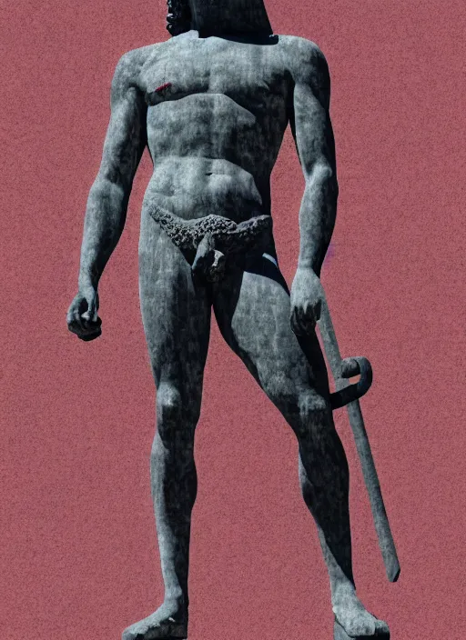 Image similar to black background, grey greco roman statue, thin red lines, gritty, dark, thin lines, vaporwave