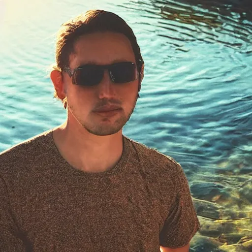 Prompt: “ high resolution ultra realistic photo of messiah like person, sunglasses on, standing in a shallow river, sunlight shining on him, perfect glow ”