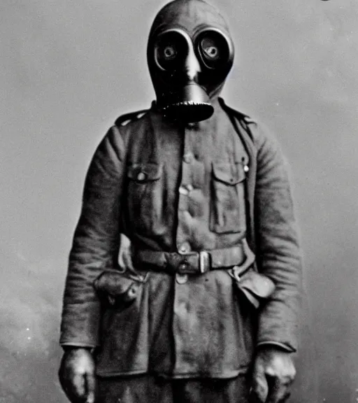 Image similar to person wearing gas mask, ww1 technicolor film photo, grainy, high detail, high resolution