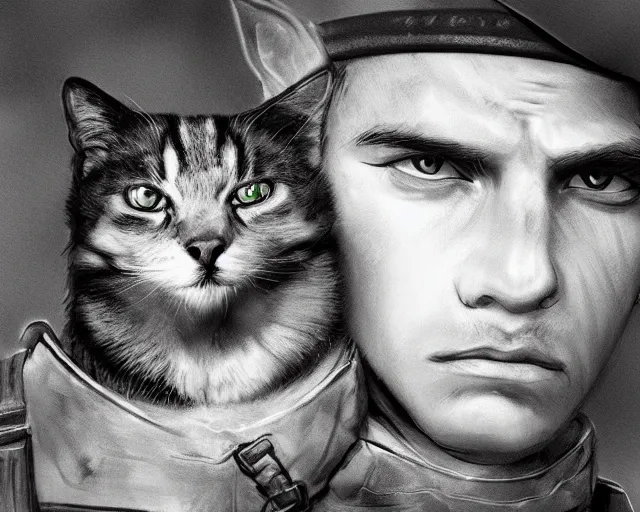 Prompt: A soldier holding a warrior cat in world war 1, close-up, realistic face, beautiful face detail, mature facial features, black and white, amazing digital art, hyper detailed, artstation, in the style of Tony Sart