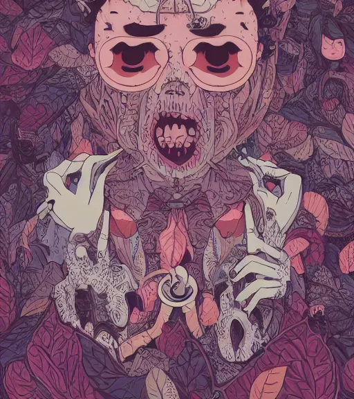 Prompt: portrait, nightmare anomalies, leaves with coffee by miyazaki, violet and pink and white palette, illustration, kenneth blom, mental alchemy, james jean, pablo amaringo, naudline pierre, contemporary art, hyper detailed