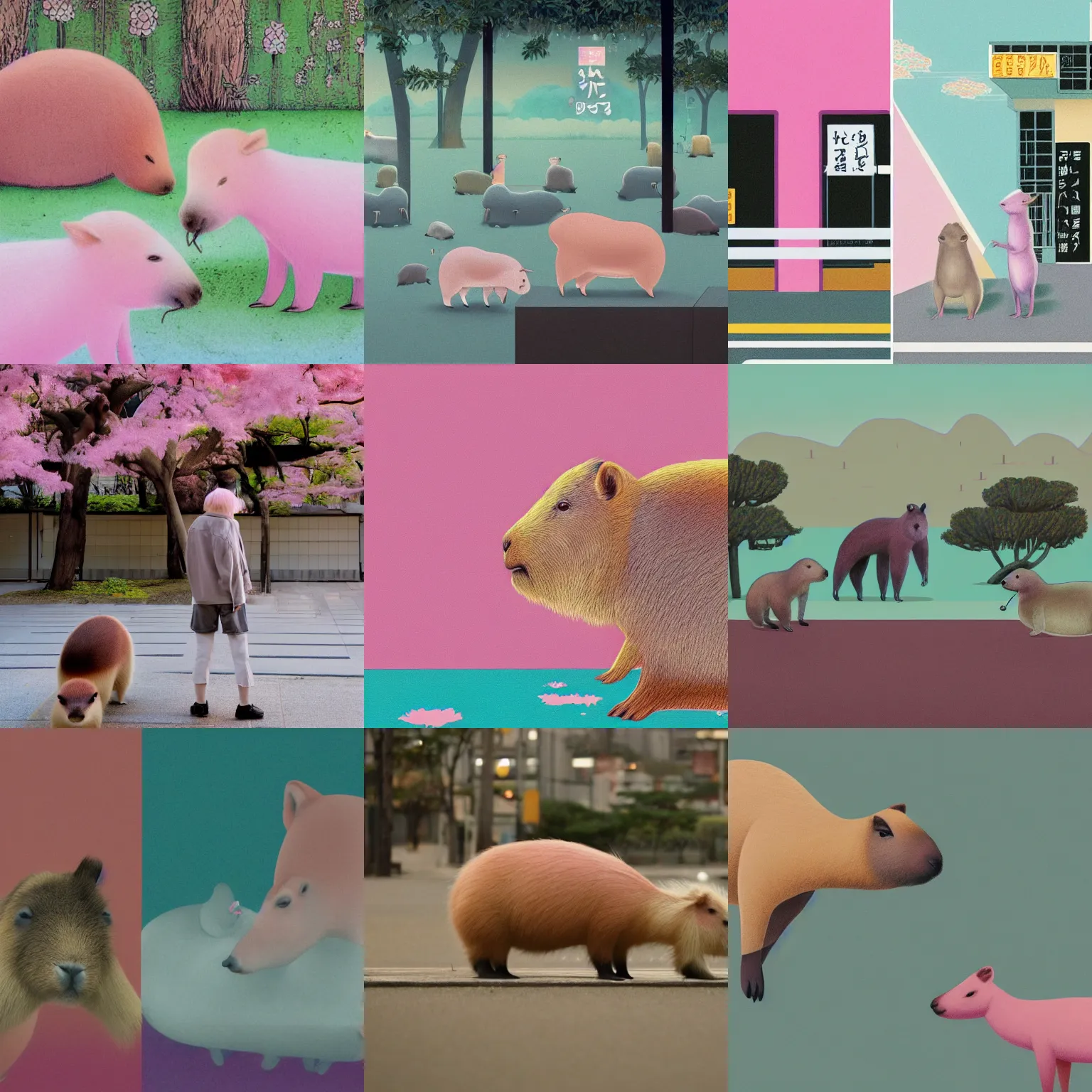 Prompt: pastel aesthetic scene of capybaras in tokyo by aris roth and by elora pautrat and by sarah peltier, detailed