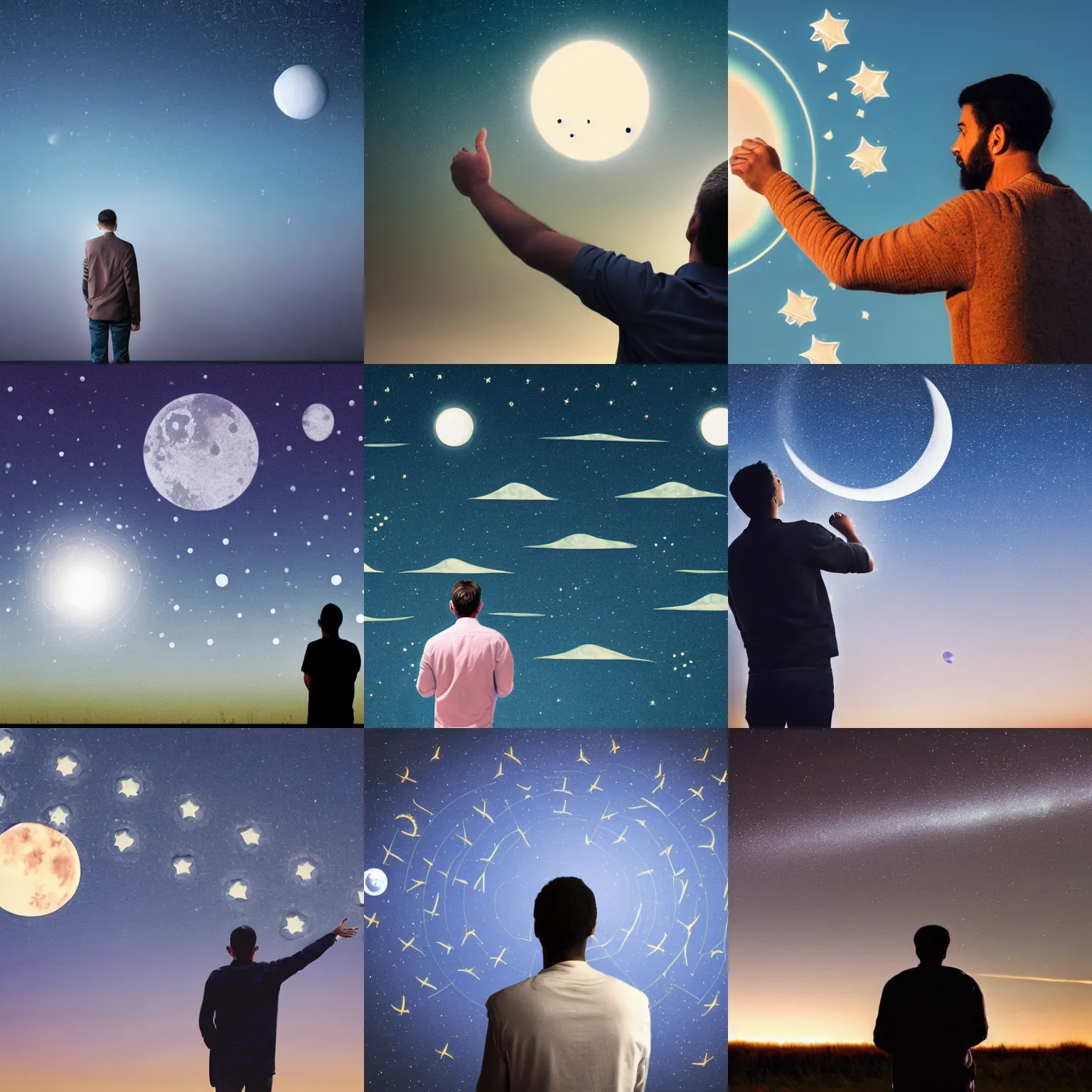 Prompt: man looking at the pattern with moons in the sky