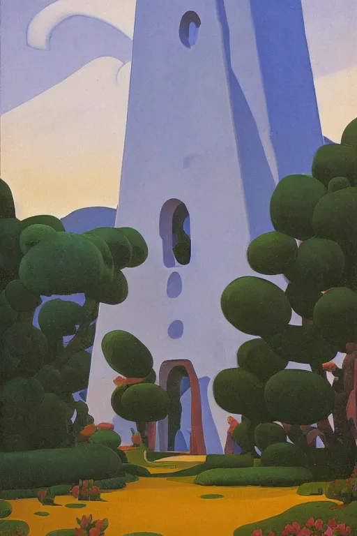 Image similar to view of the mysterious blue tower in its gardens after a storm, tall windows lit up, beautiful ornament, dramatic cinematic lighting, rich colors, by Nicholas Roerich and Ludwig Deutsch and April Gornik and Sylvain Sarrailh