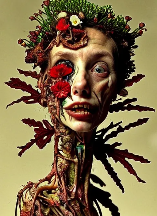 Prompt: beautiful and detailed rotten woman made of plants and many different types of flowers, muscles, intricate, organs, ornate, surreal, miguel angel, gustave courbet, caravaggio, romero ressendi, gunther von hagens