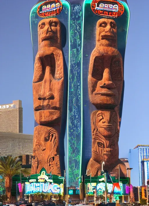 Image similar to legions of moai levitating over las vegas casinos in the style of alex grey