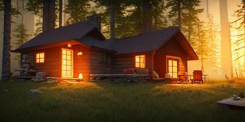 Image similar to a cozy little house in the woods, relaxing, 3 d concept art by philipp urlich, chill, relaxing, peaceful, sunset, extremely detailed art, unreal engine 5, hyper realism