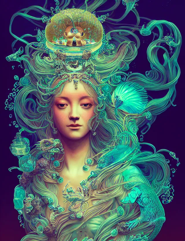 Image similar to goddess macro vintage shouler portrait from bottom to top in crown made of ram skull. betta fish, jellyfish phoenix, bioluminiscent, plasma, ice, water, wind, creature, super intricate ornaments artwork by tooth wu and wlop and beeple and greg rutkowski and alexander fedosav