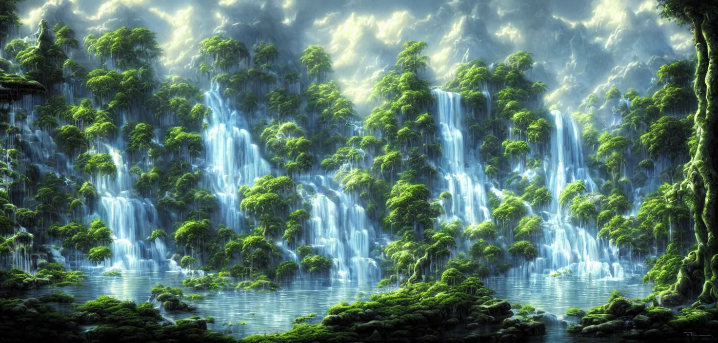 Image similar to a painting of a waterfall in a random magic forest, a detailed matte painting landscape by todd lockwood, deviantart, fantasy art, matte painting, matte drawing, airbrush art