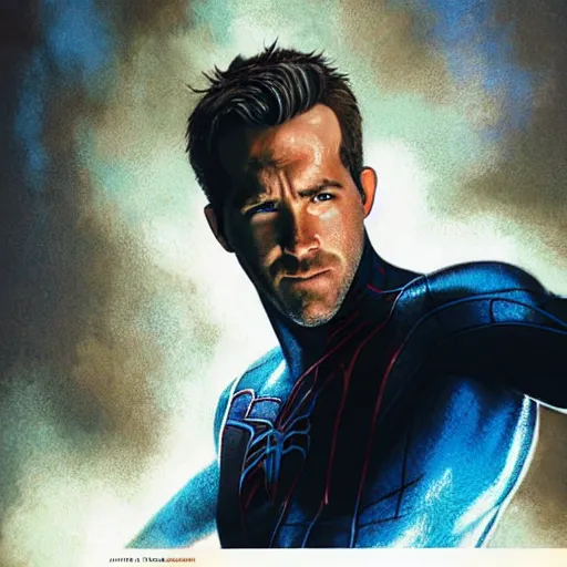 Image similar to ryan reynolds as spider - man, wearing a black and blue suit, cinematic, volumetric lighting, f 8 aperture, cinematic eastman 5 3 8 4 film, photorealistic by greg rutkowski, by stanley artgerm, by alphonse mucha