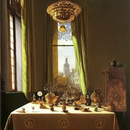 Prompt: still life painting of a miniature tabletop forest with a tiny palace under an ornate glass dome, by paulette tavormina and vermeer and rudolf ernst, surrealism, faery palace, velvet tablecloth, hyper realistic, sharp focus, beautiful bright lighting, god rays, donato giancola