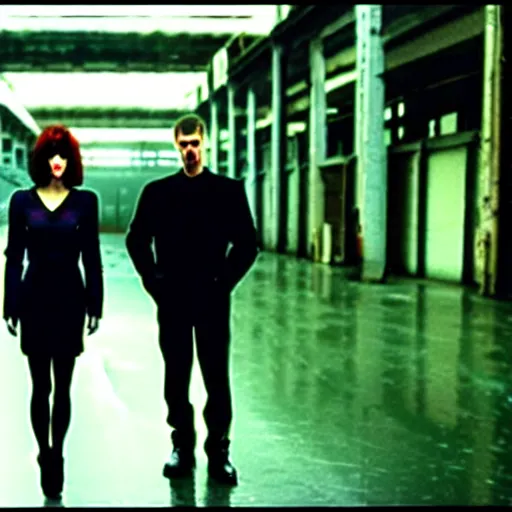 Prompt: replicants standing in an abandoned factory, still from closed circuit tv footage