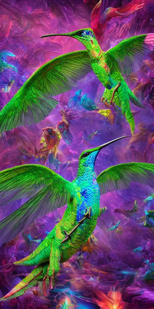 Prompt: psychedelic dinosaurs, four - dimensional hummingbirds, color, consciousness, and the dazzling universe of tetrachromacy, ambient occlusion, vray render,