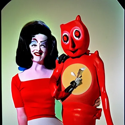 Image similar to 1976 film still glamorous woman photo and her friend, an anthropomorphic stomach, live action children's tv show, 16mm film live technicolor 1976, wacky colorful, in style of john waters doris wishman